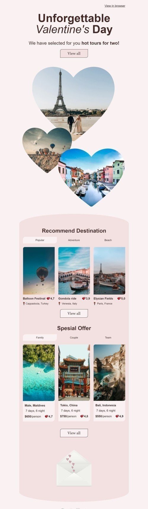 Valentinstag E-Mail-Vorlage «Unvergessliche Reise» für Tourismus-Branche Ansicht auf Mobilgeräten