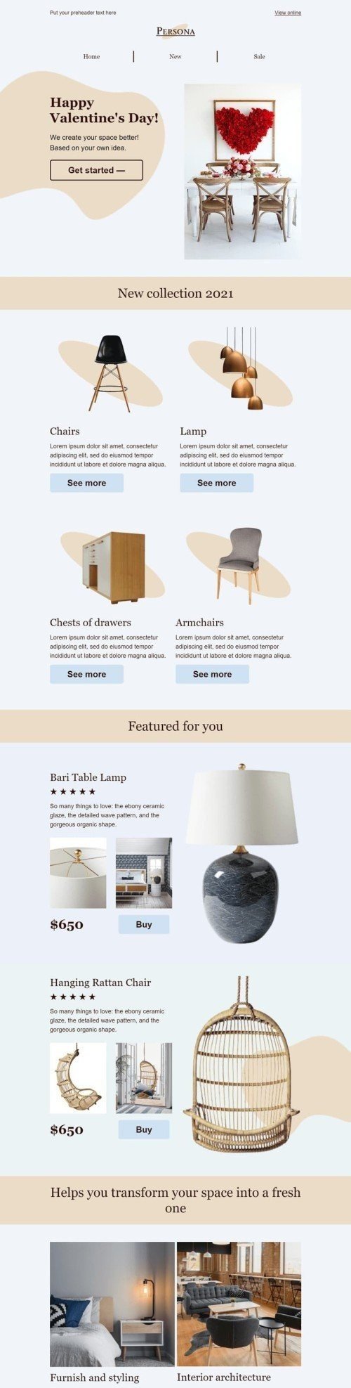 Valentinstag E-Mail-Vorlage «Romantisches Design» für Möbel, Innenausstattung & DIY-Branche Ansicht auf Mobilgeräten