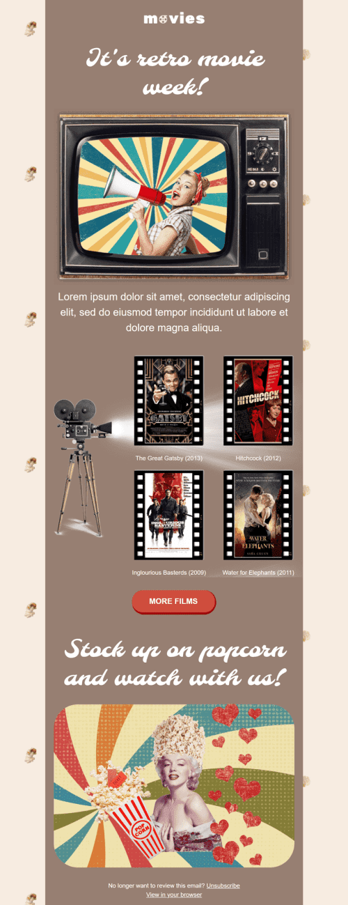 Werbung E-Mail-Vorlage «Retro Filme Woche» für Filme-Branche Ansicht auf Mobilgeräten
