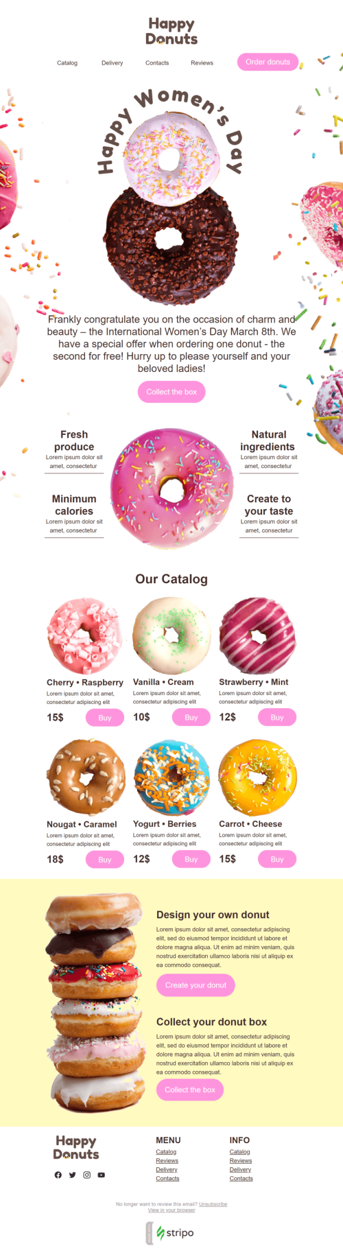 Weltfrauentag E-Mail-Vorlage «Glückliche Donuts» für Essen-Branche Ansicht auf Mobilgeräten