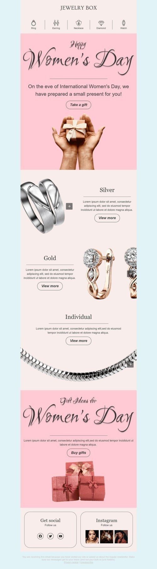 Women's Day Email Template «Jewelry box» for Jewelry industry desktop view