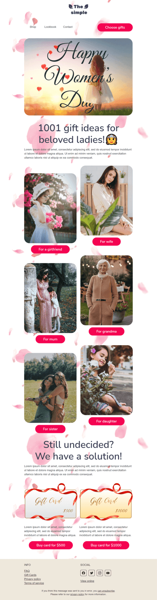 Шаблон листа до свята Жіночий день «1001 ідея подарунків для коханих дам» для індустрії «Мода» мобільний вигляд