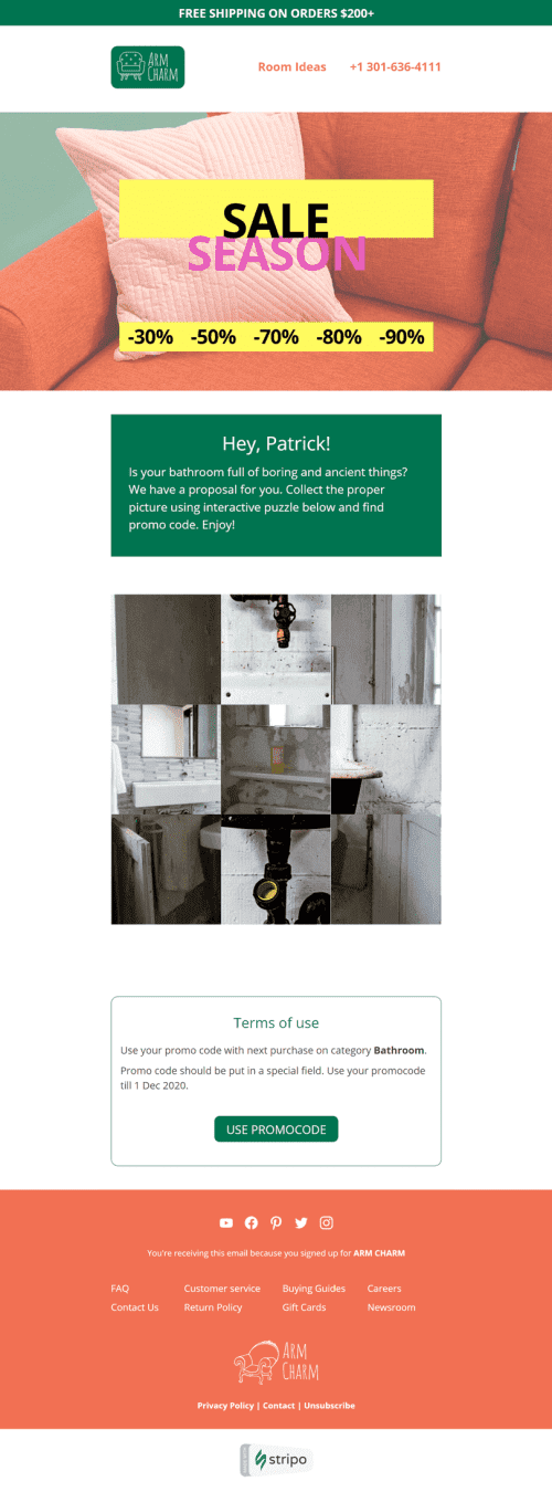 Modelo de E-mail de «Arm Charm» de Vendas para a indústria de Móveis, Decoração e DIY Visualização de dispositivo móvel