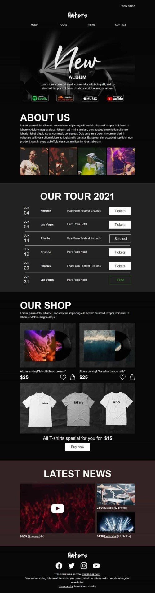 Promo Email Template «New album» for Music industry desktop view