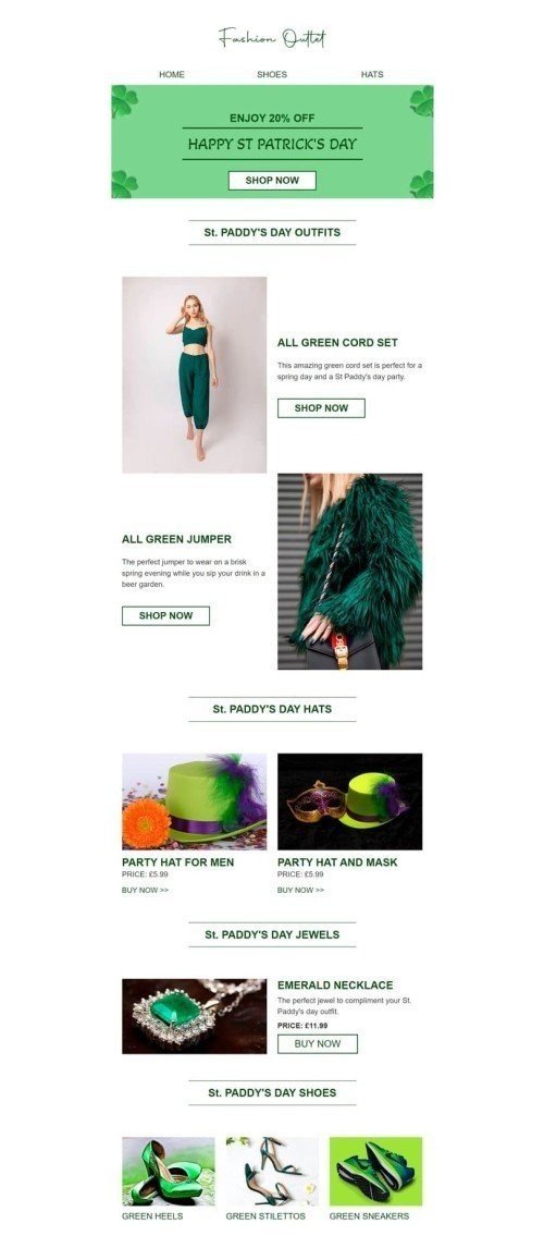St. Patrick‘s Day E-Mail-Vorlage «Haus der Kleidung» für Mode-Branche Ansicht auf Mobilgeräten