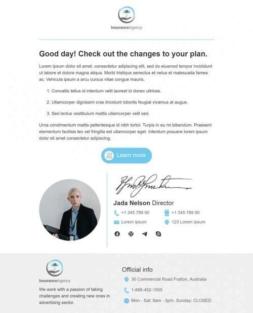 Modello Email Avvisi e notifiche «Cambiamenti al piano» per il settore industriale di Assicurazione Visualizzazione desktop