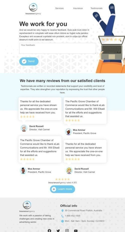 Modello Email Sondaggi e feedback «Parlano di noi» per il settore industriale di Assicurazione Visualizzazione desktop