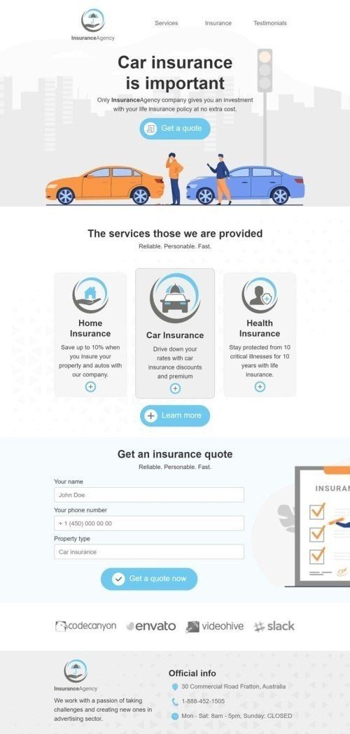 Modello Email Promo «Richiedi un preventivo» per il settore industriale di Assicurazione Visualizzazione mobile