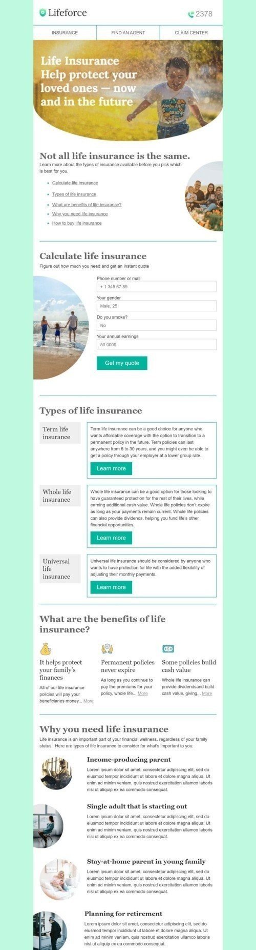 Promo Email Template «Life insurance» for Insurance industry desktop view