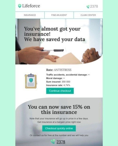 Шаблон письма «Оформление страховки» тематики Follow-up для индустрии «Страхование» мобильный вид
