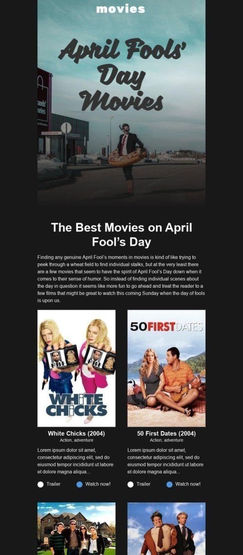 Шаблон письма к празднику Первое апреля «Первоапрельские фильмы» для индустрии «Фильмы» мобильный вид