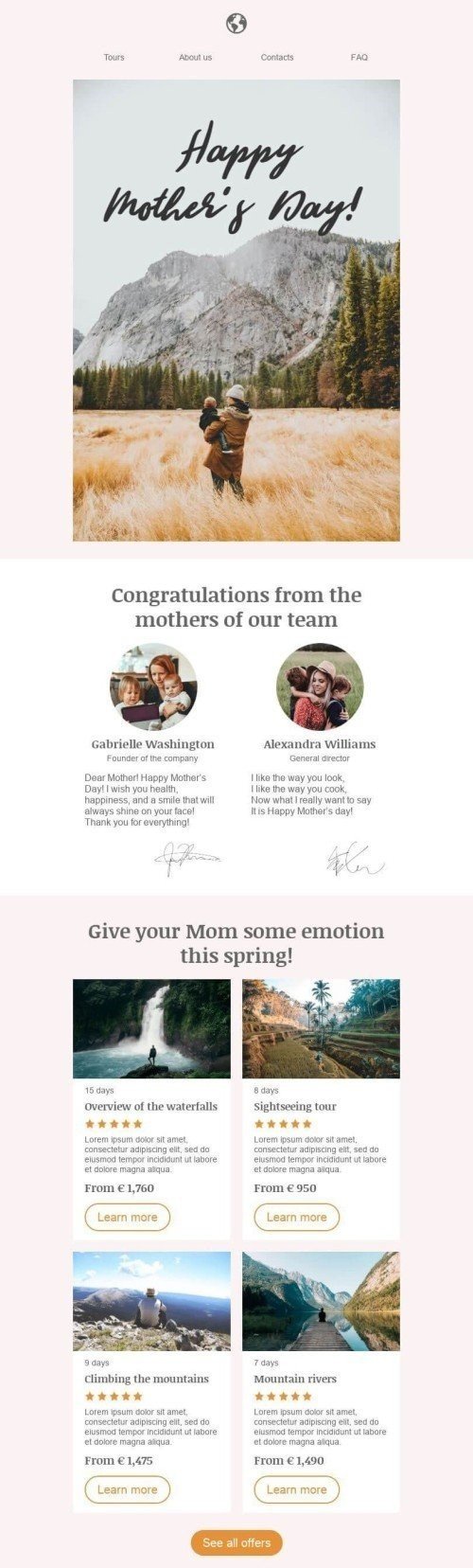 Muttertag E-Mail-Vorlage «Glückwunsch von den Müttern» für Tourismus-Branche Ansicht auf Mobilgeräten