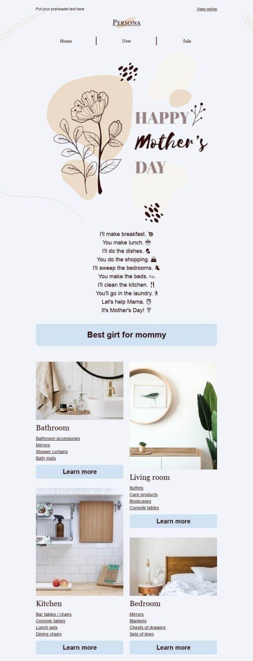Muttertag E-Mail-Vorlage «Lass uns Mama helfen» für Möbel, Innenausstattung & DIY-Branche Ansicht auf Mobilgeräten
