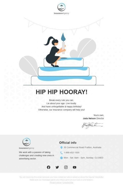 Birthday Email Template «Hip hip hooray!» for Insurance industry desktop view