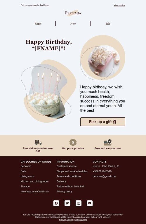Plantilla de correo electrónico «Recoger un regalo» de Cumpleaños para la industria de Muebles, interior y bricolaje Vista de móvil