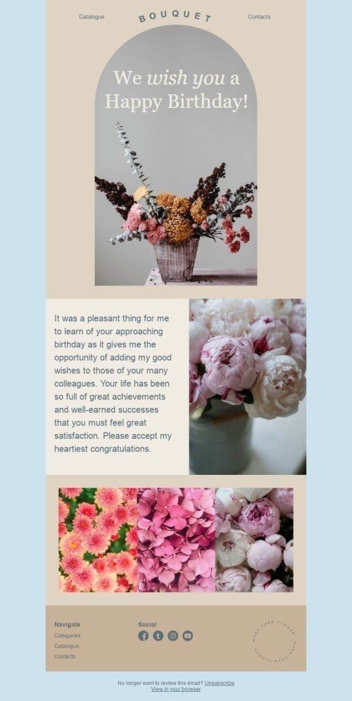 Шаблон письма к празднику День рождения «Вечные цветы» для индустрии «Подарки и Цветы» дектопный вид
