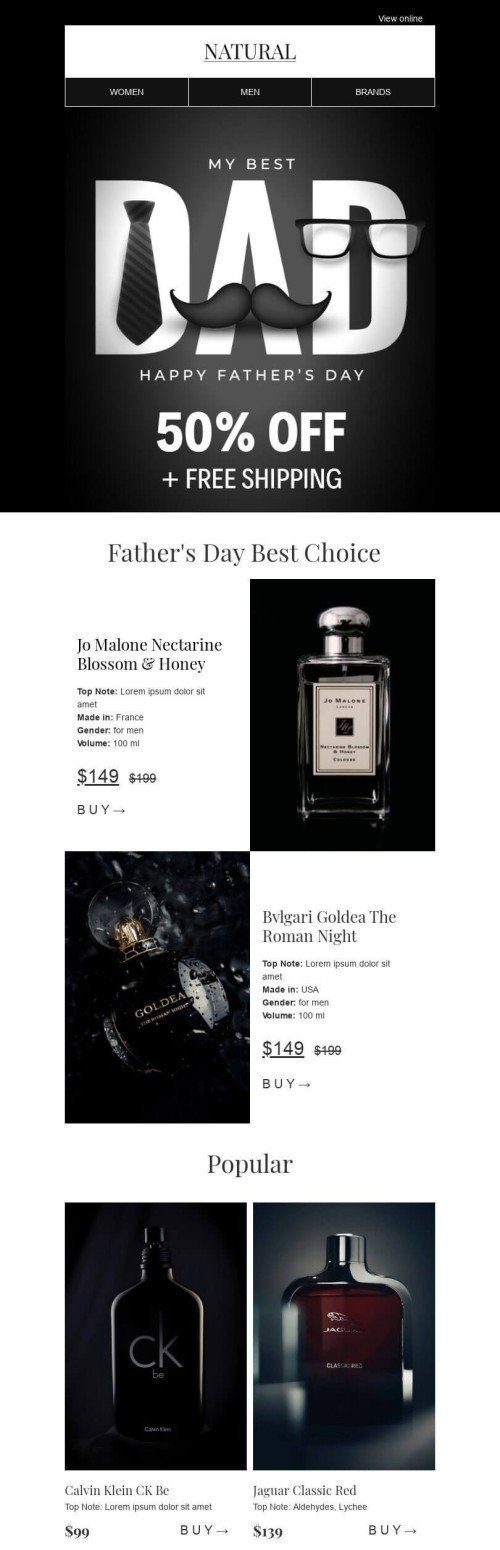 Plantilla de correo electrónico «Perfume para padres» de Día del Padre para la industria de Belleza y cuidado personal mobile view