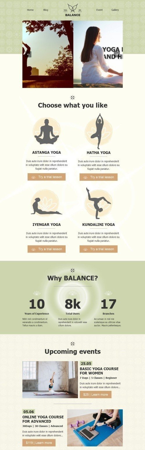 Modello Email Promo «Equilibrio Yoga» per il settore industriale di Salute e bellezza Visualizzazione mobile