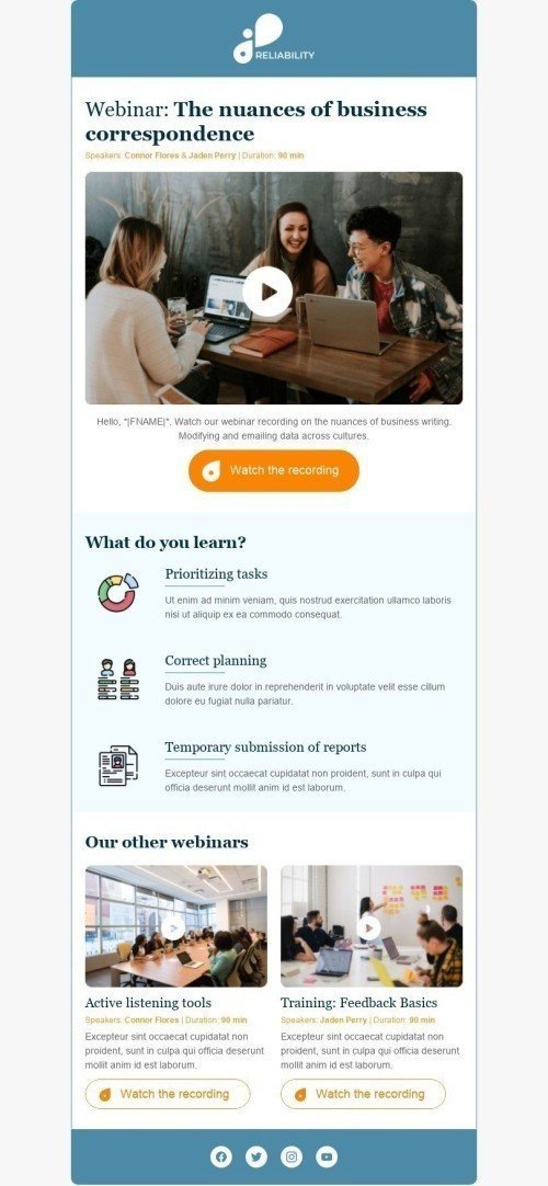 Modèle de courrier électronique Promo «Enregistrement du webinaire» pour le secteur Fabrication Affichage mobile