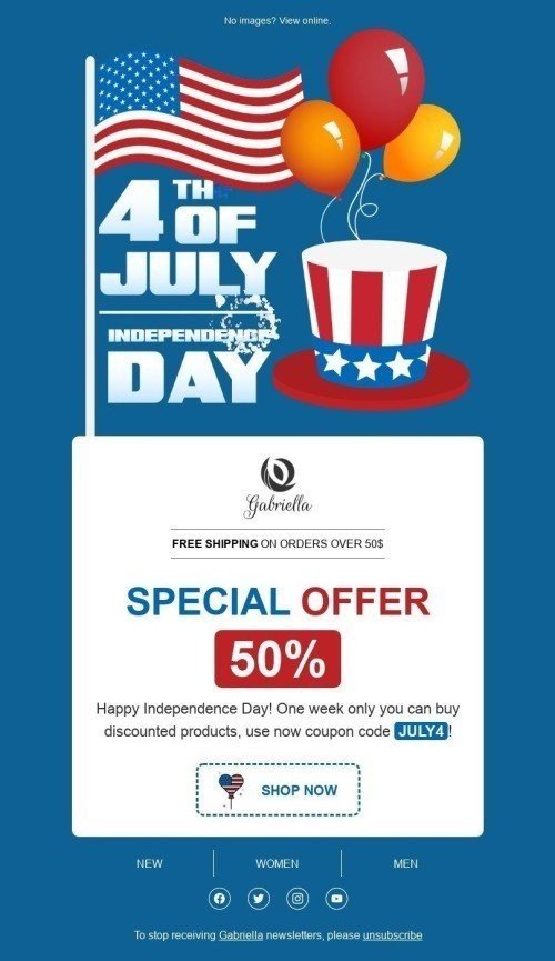 Independence Day Email Template «Gabriella» for Fashion industry desktop view