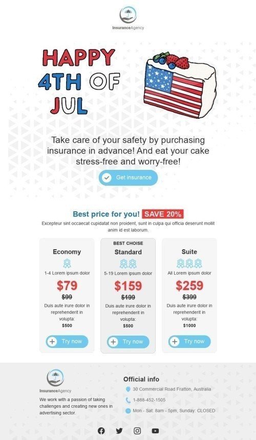 Independence Day Email Template «Eat your cake» for Insurance industry desktop view