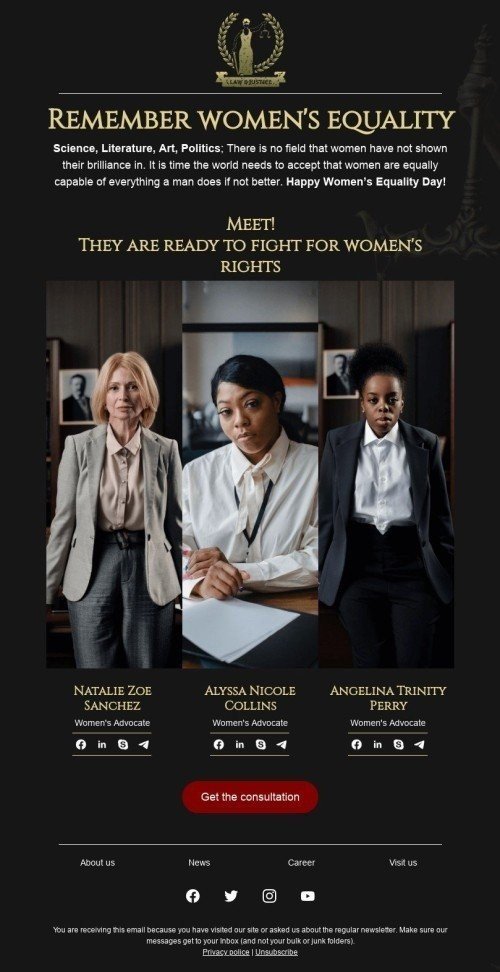 Шаблон письма к празднику День Равенства Женщин «Защитник женщин» для индустрии «Юридические услуги» мобильный вид