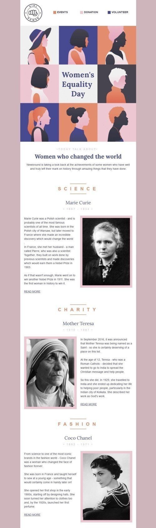 Women's Equality Day Email Template «Women who changed the world» for Non-profit industry mobile view