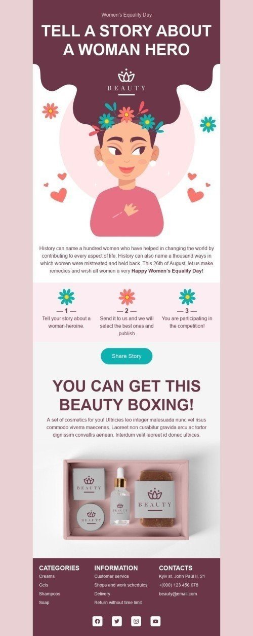 Der Tag der Gleichstellung der Frau E-Mail-Vorlage «Erzähl deine Geschichte» für Beauty & Pflege-Branche Desktop-Ansicht