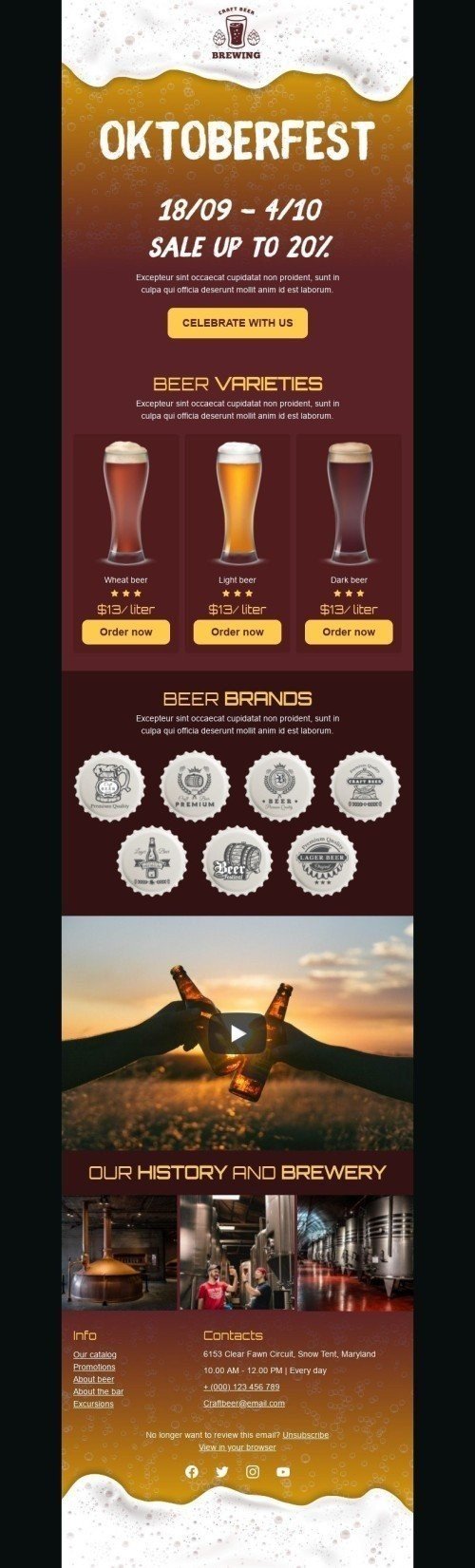 Oktoberfest E-Mail-Vorlage «Handgemachtes Bier» für Getränke-Branche Ansicht auf Mobilgeräten