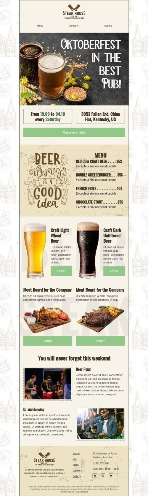 Oktoberfest Email Template «Steak house» for Food industry desktop view