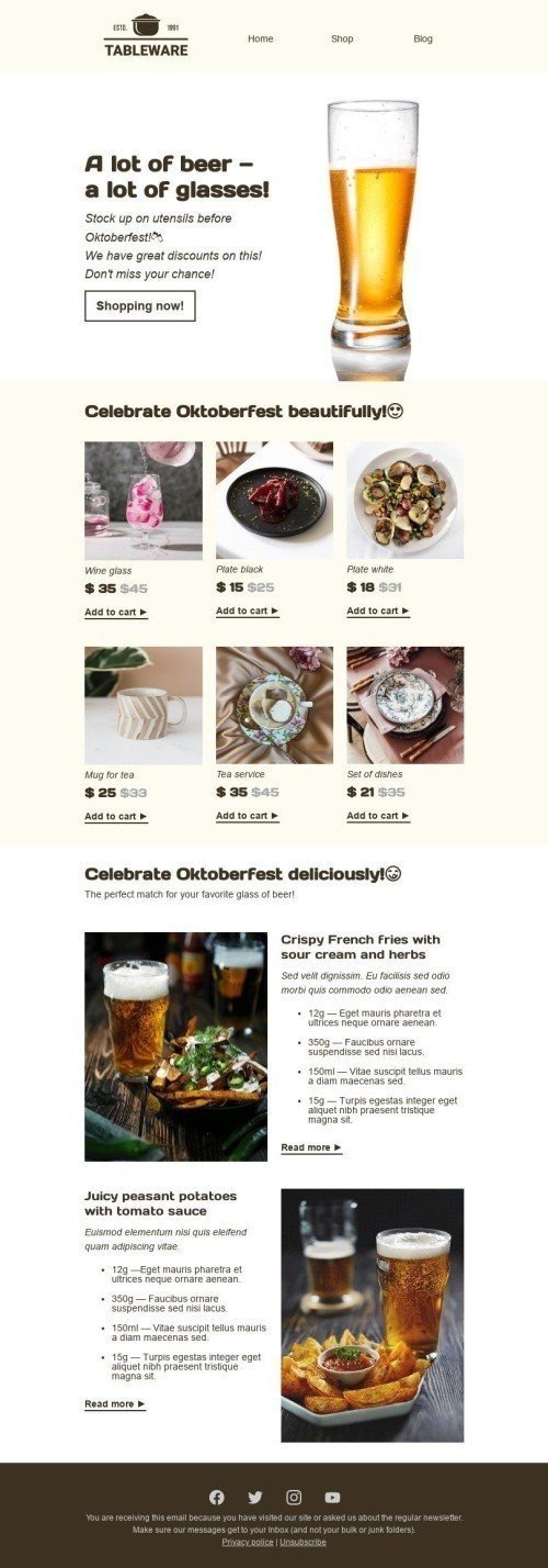 Modello Email Oktoberfest «Molta birra, tanti bicchieri» per il settore industriale di Arredamento, interni e fai da te Visualizzazione desktop