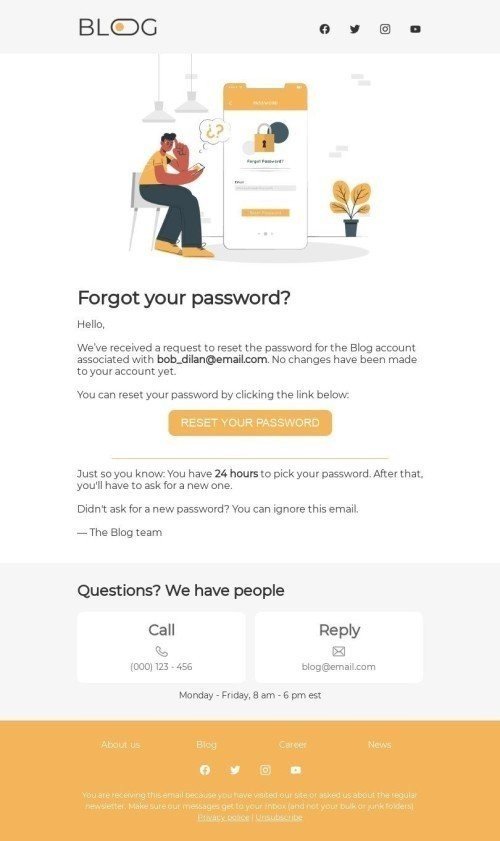 Modello Email Transazionale «Ha dimenticato la password?» per il settore industriale di Editoria e blog Visualizzazione mobile