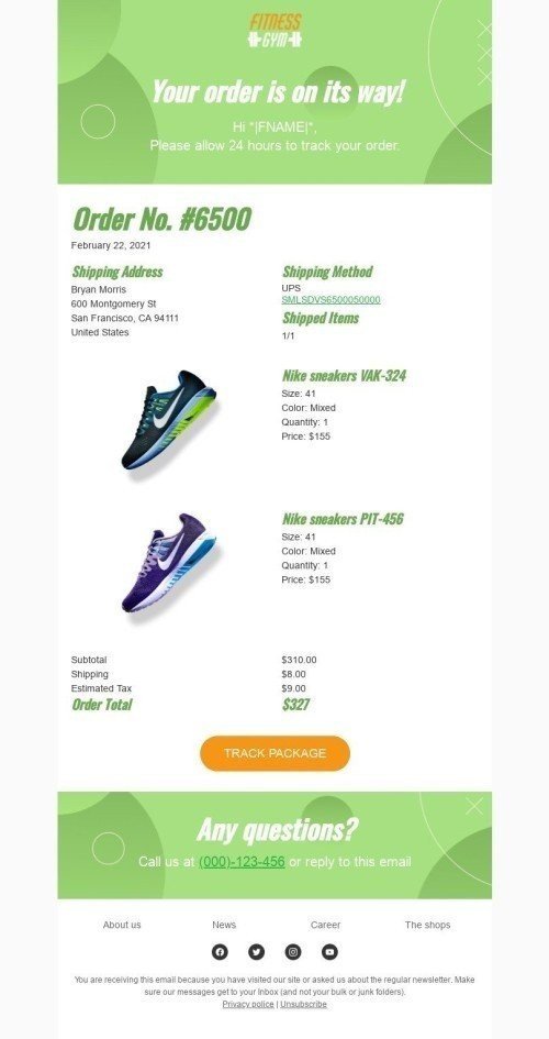 Modello Email Transazionale «Consegna di scarpe da ginnastica» per il settore industriale di Sport Visualizzazione desktop
