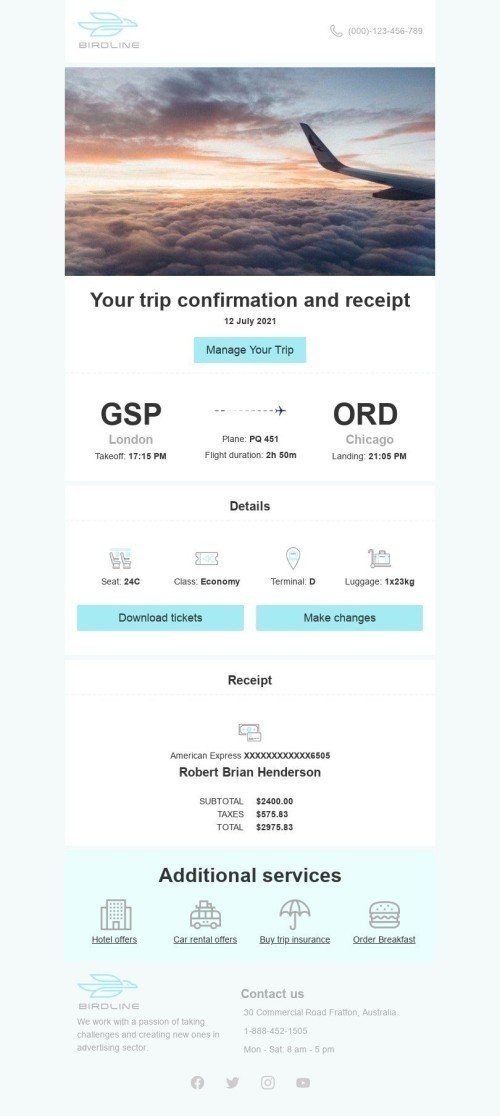 Transactional Email Template «Your trip confirmation» for Travel industry mobile view