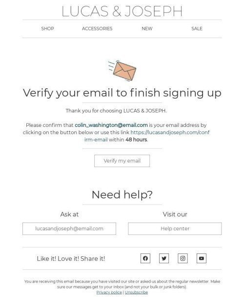 Transactional Email Template «Finishing signing up» for Fashion industry desktop view