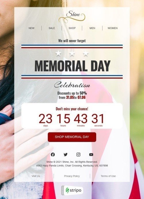 Memorial Day E-Mail-Vorlage «Wir werden niemals vergessen» für Mode-Branche Ansicht auf Mobilgeräten