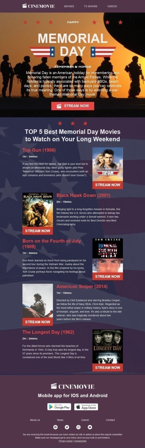 Memorial Day E-Mail-Vorlage «Beste Memorial Day Filme» für Filme-Branche Desktop-Ansicht