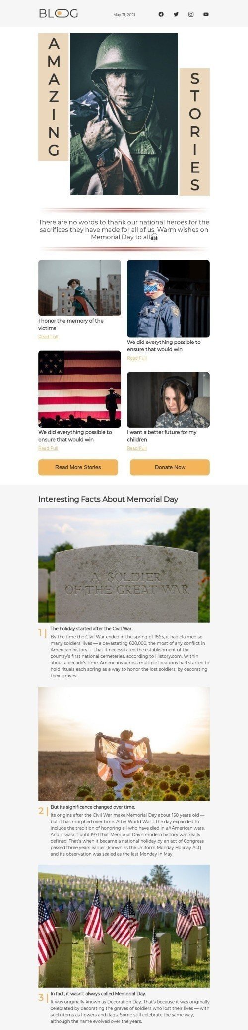 Modello Email Memorial Day «Storia incredibile» per il settore industriale di Editoria e blog Visualizzazione mobile