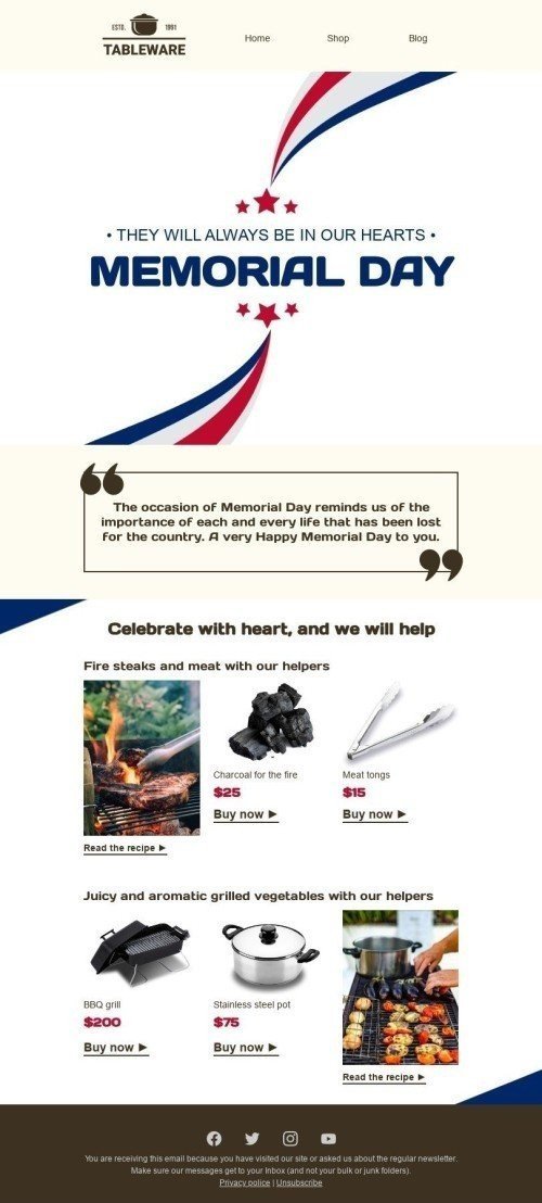 Memorial Day E-Mail-Vorlage «Für immer in unseren Herzen» für Möbel, Innenausstattung & DIY-Branche Ansicht auf Mobilgeräten