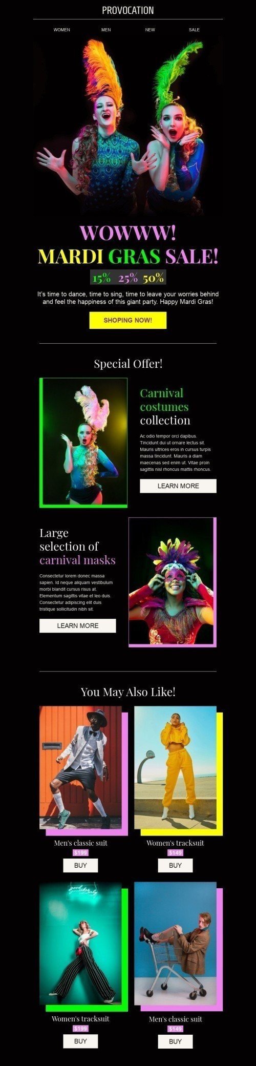 Modelo de E-mail de «Promoção Mardi Gras» de Carnaval para a indústria de Moda Visualização de desktop