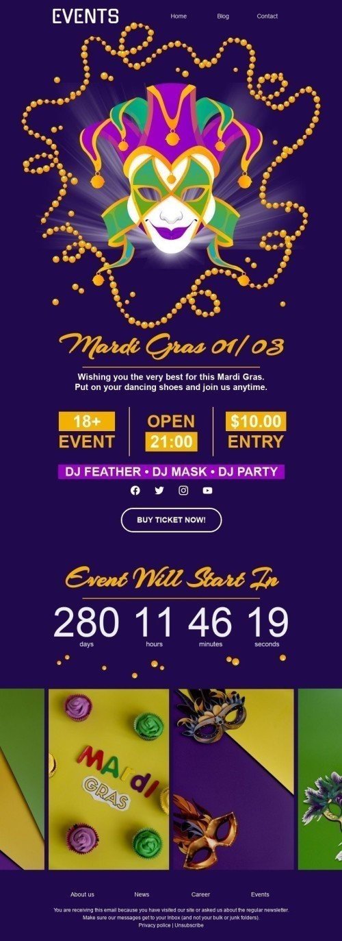 Mardi Gras Email Template «Join us anytime» for Hobbies industry desktop view