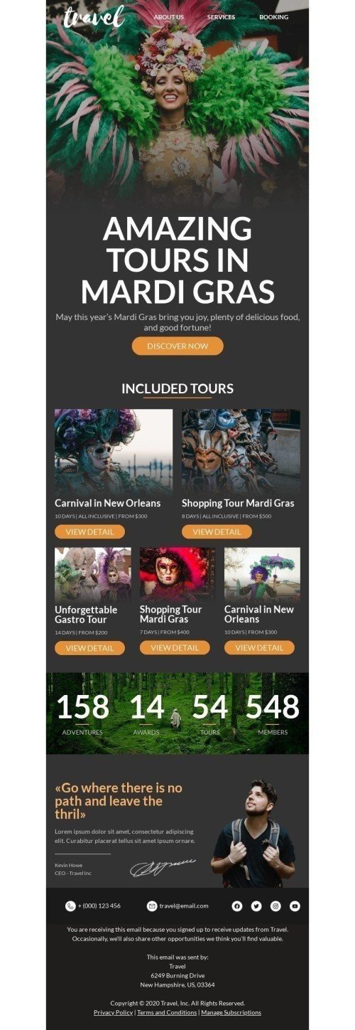 Modelo de E-mail de «Boa sorte!» de Carnaval para a indústria de Turismo Visualização de dispositivo móvel