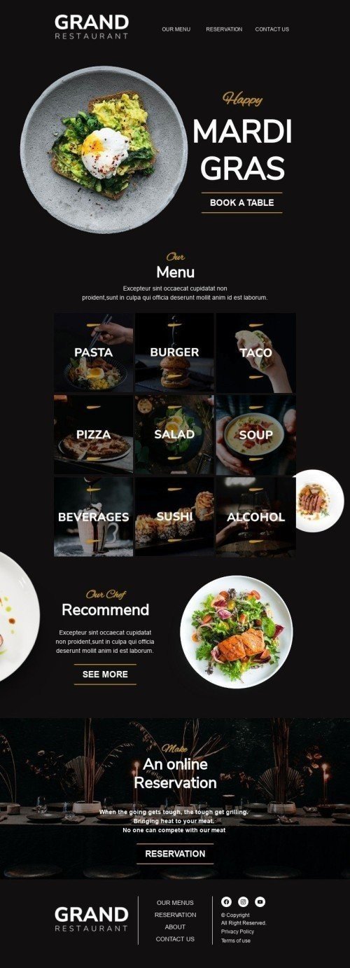 Mardi Gras Email Template «Grand restaurant» for Restaurants industry mobile view