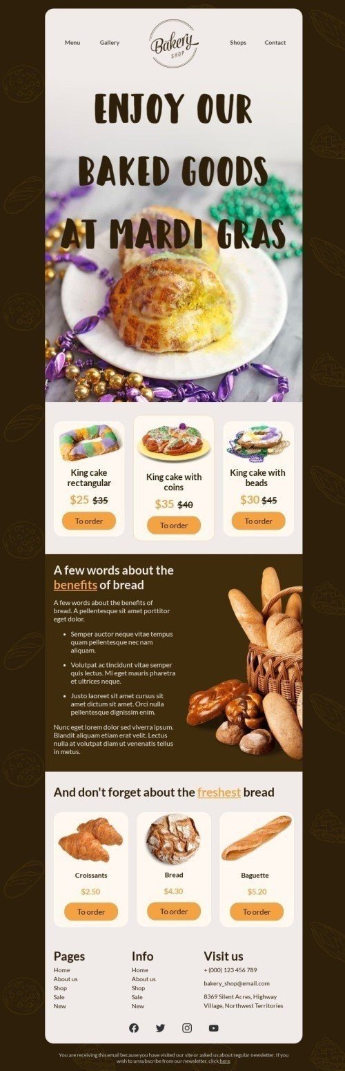 Mardi Gras Email Template «Enjoy our baked goods» for Food industry desktop view