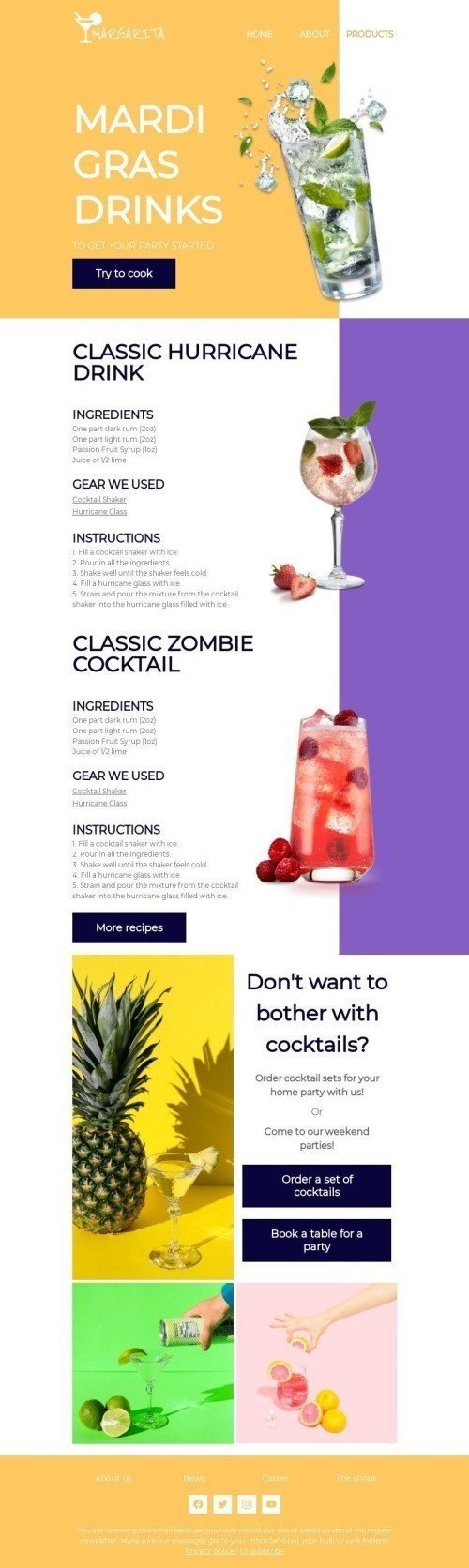 Mardi Gras Email Template «Classic cocktail» for Restaurants industry mobile view