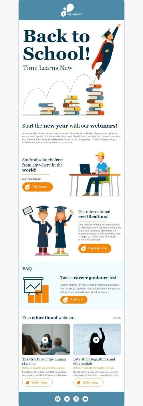 Modello Email Ricomincia la scuola «Ottieni certificazioni internazionali» per il settore industriale di Webinar Visualizzazione mobile