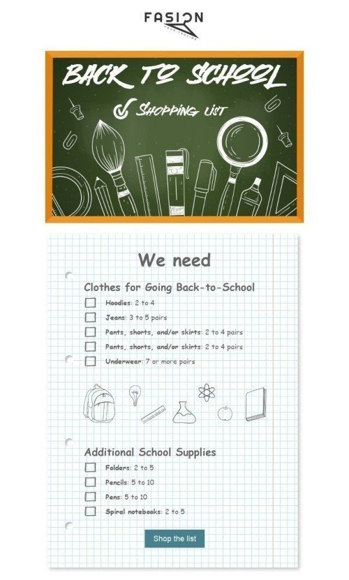 Back to School Email Template «Shopping list» for Fashion industry desktop view