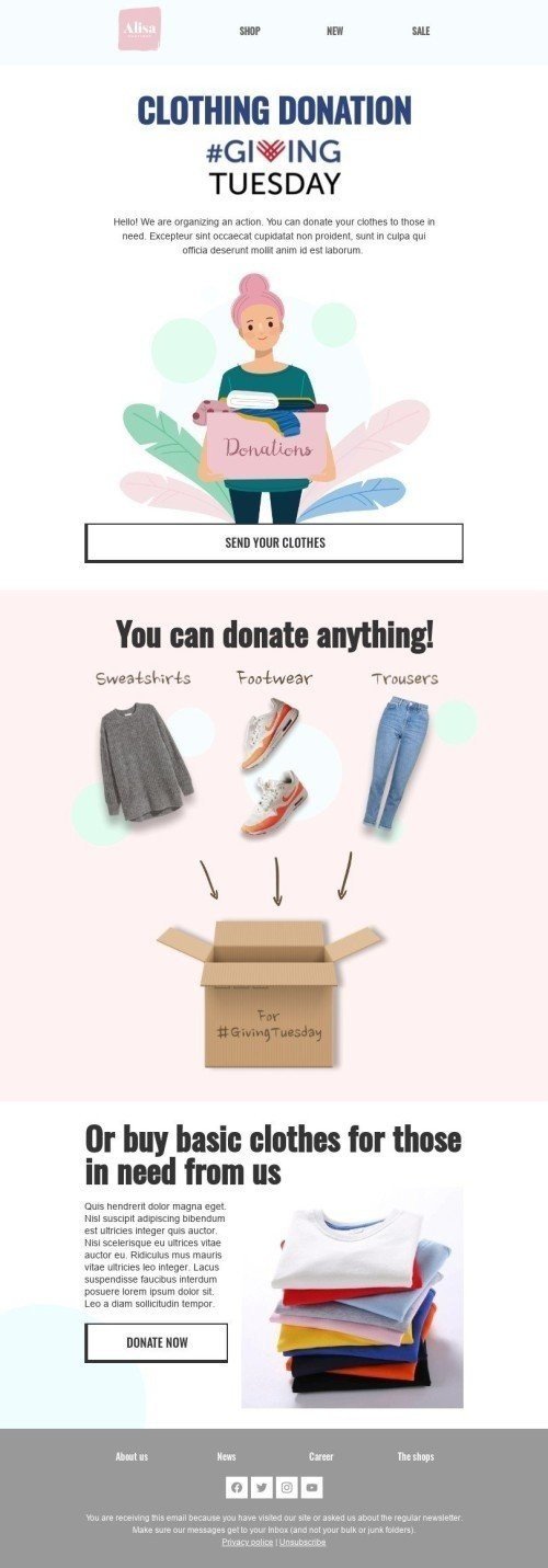 Plantilla de correo electrónico «Donación de ropa» de Dando martes para la industria de Moda Vista de móvil