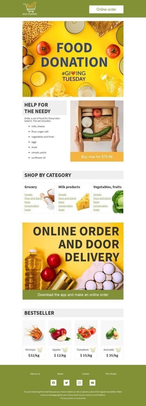 Dienstag geben E-Mail-Vorlage «Supermarkt» für Essen-Branche Ansicht auf Mobilgeräten