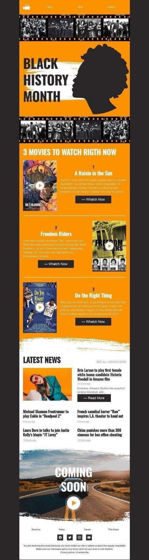 Black History Month Email Template «Watch right now» for Movies industry mobile view